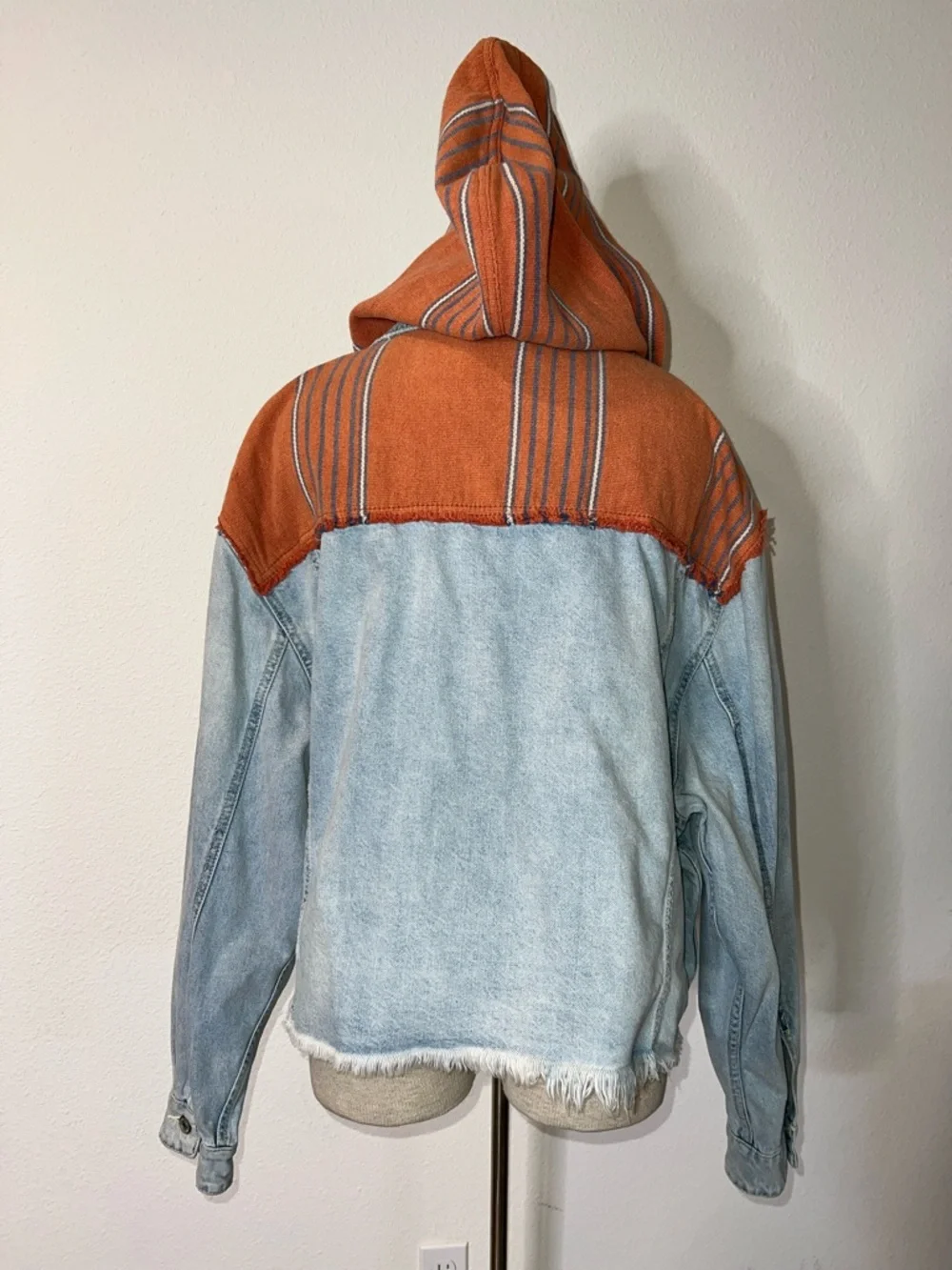Free People Baja Hooded Light Wash Denim Jacket with Rust Orange Striped Hood - Picture 3 of 5